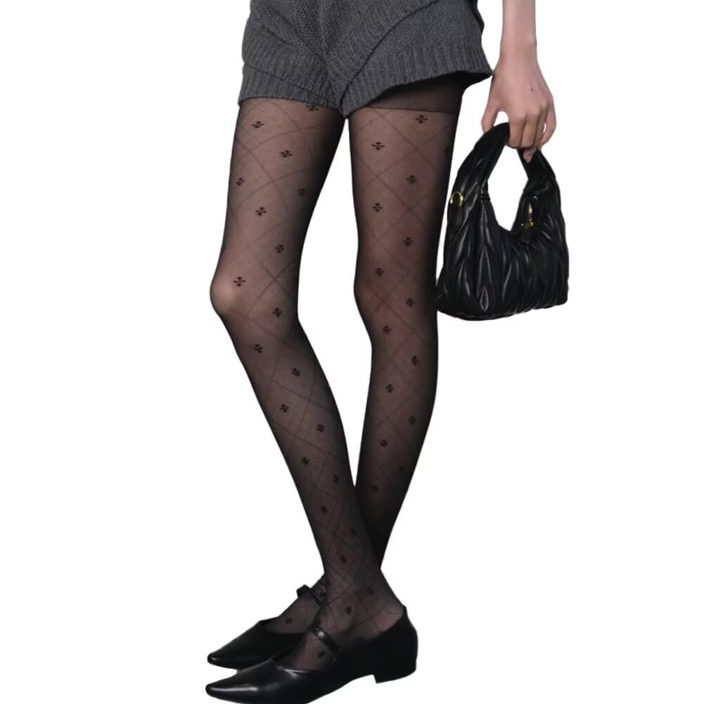 【送料無料】[Eukkis] 春夏薄手シースルー UVカット パンティストッキング 肌ざわりナイロンストッキングレディース 可愛いロリター タイツ 10デニール セクシー 靴下 透かし ズリ落ちにくい 色：クローバー柄 ブラック、サイズ：Free Size