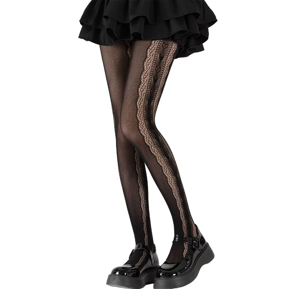 【送料無料】[Eukkis] 春夏薄手シースルー UVカット パンティストッキング 肌ざわりナイロンストッキングレディース 可愛いロリター タイツ 10デニール セクシー 靴下 透かし ズリ落ちにくい 色：ロココハート柄 ブラック、サイズ：Free Size