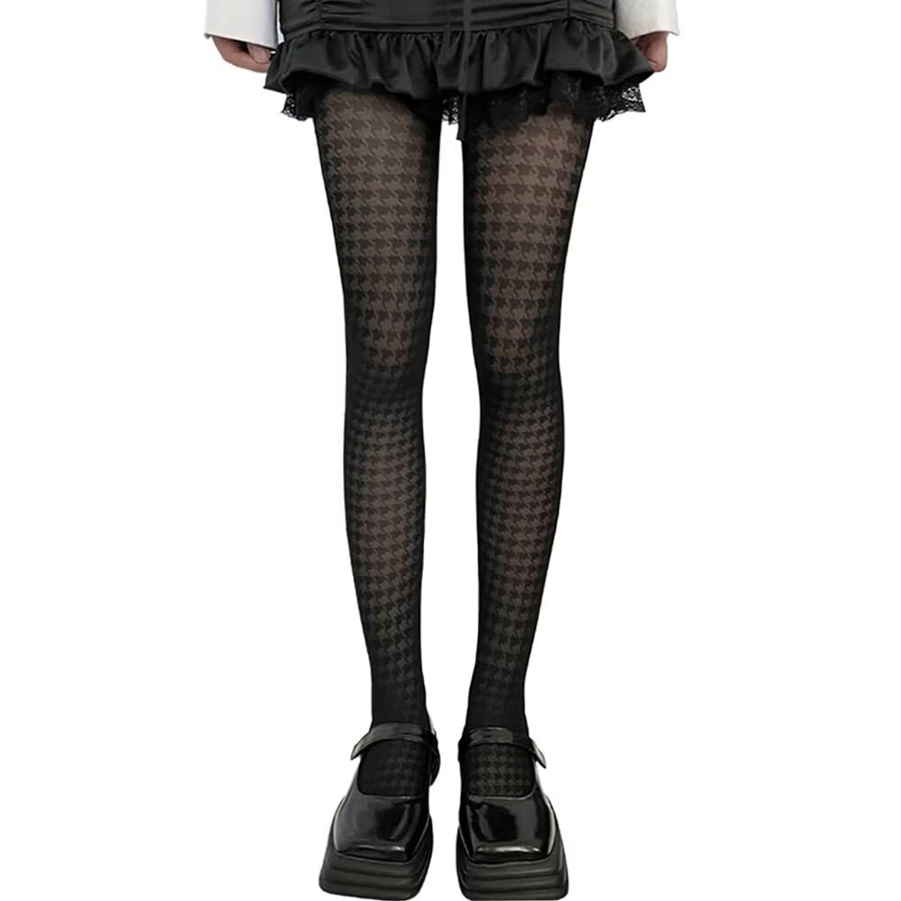 【送料無料】[Eukkis] 春夏薄手シースルー UVカット パンティストッキング 肌ざわりナイロンストッキングレディース 可愛いロリター タイツ 10デニール セクシー 靴下 透かし ズリ落ちにくい 色：千鳥格子柄 ブラック、サイズ：Free Size