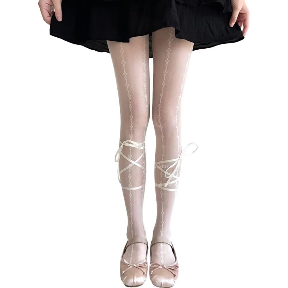 【送料無料】[Eukkis] 春夏薄手シースルー UVカット パンティストッキング 肌ざわりナイロンストッキングレディース 可愛いロリター タイツ 10デニール セクシー 靴下 透かし ズリ落ちにくい 色：リボン付きバレー柄 オフホワイト、サイズ：Free Size
