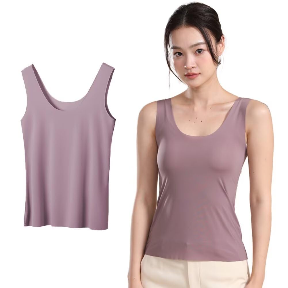 【送料無料】[Eukkis] 0.1mm極薄 ひんやり涼感ノンシームタンクトップインナーM~3XL 吸汗速乾 透け防止 接触冷感 レディース下着 大きいサイズ 色：パープルグレー ロング丈（透け防止指数90％）、サイズ：L