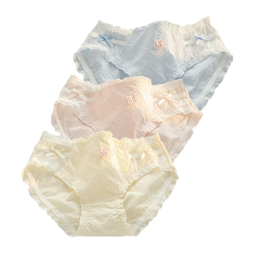 【送料無料】[Eukkis] 学生ショーツ 肌に優しいコットンショーツ 綿パンティー3枚セット -M L サイズ レディース レギュラー フルバックショーツ 可愛い柄 透気快適 色：リボンラビット*3枚セット 91.6％綿、サイズ：M