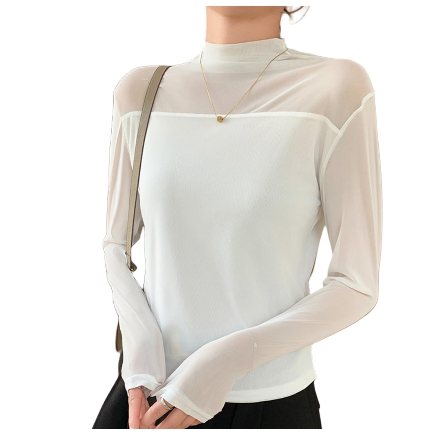 【送料無料】[Weuiean] レディース シースルー ハイネックプルオーバー トップス 長袖 カッ ...