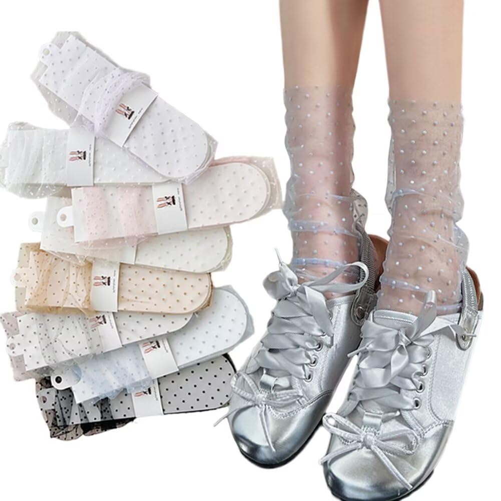 【送料無料】[Eukkis] シースルー水玉柄クルーソックス 透明チュール春夏用薄手カラー靴下 可愛いドット柄ルーズソックス 蒸れない 通気性速乾性 色：ブルー、サイズ：Free Size