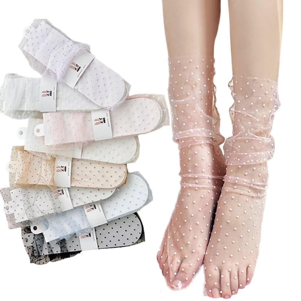 【送料無料】[Eukkis] シースルー水玉柄クルーソックス 透明チュール春夏用薄手カラー靴下 可愛いドット柄ルーズソックス 蒸れない 通気性速乾性 色：ピンク、サイズ：Free Size