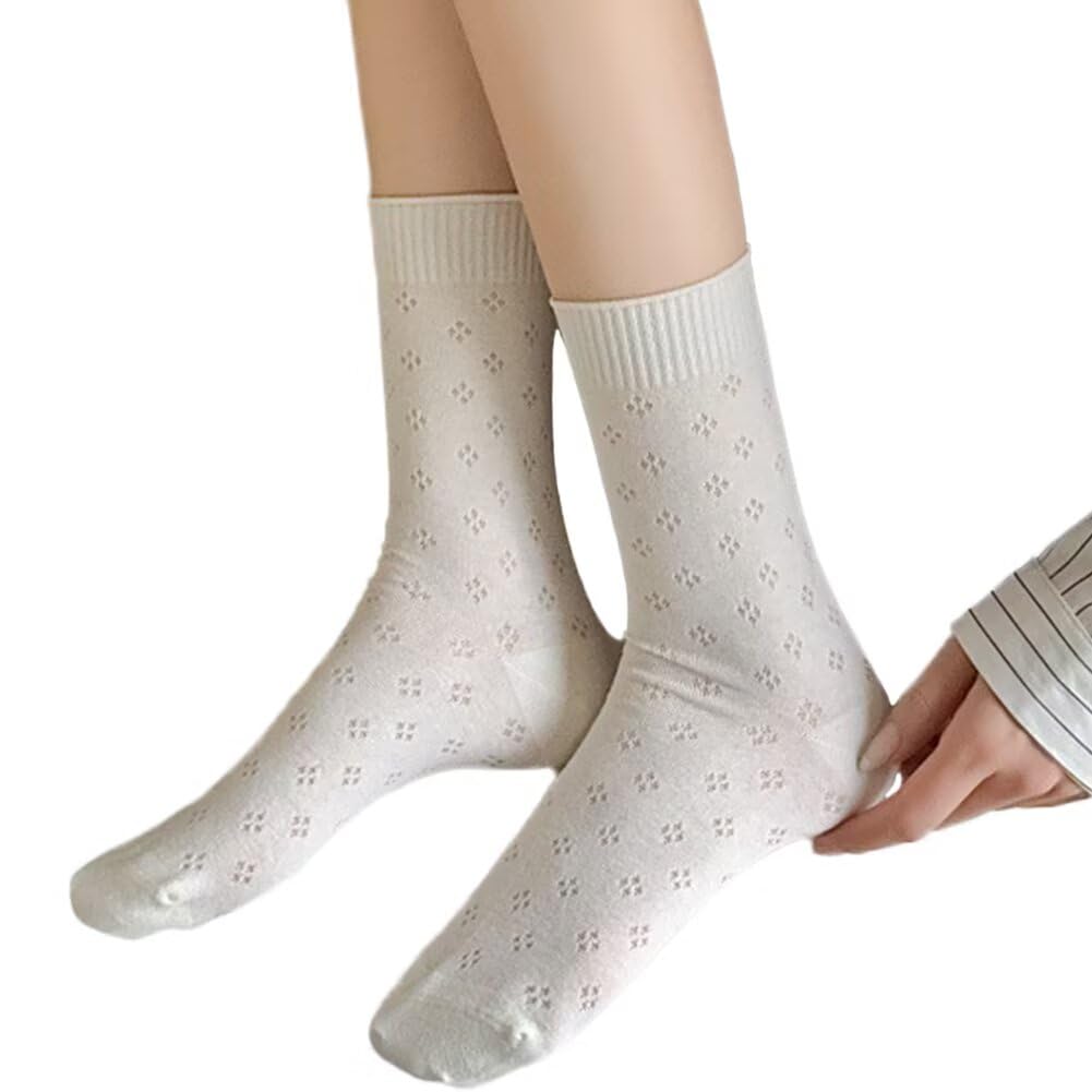 【送料無料】[Eukkis] メッシュクルーソックス 薄手コットン生地ホワイト靴下 可愛いレース柄 ルーズソックス 蒸れない 通気性速乾性 色：クローバー ホワイト、サイズ：Free Size