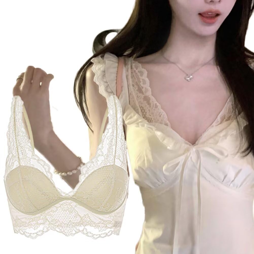 【送料無料】[Eukkis] 総レース ブラジャー重ね着インナー ストラップ調整可能 3/4カップ軽量パッド ノンワイヤー ブラトップ 色：ベージュ、サイズ：XL