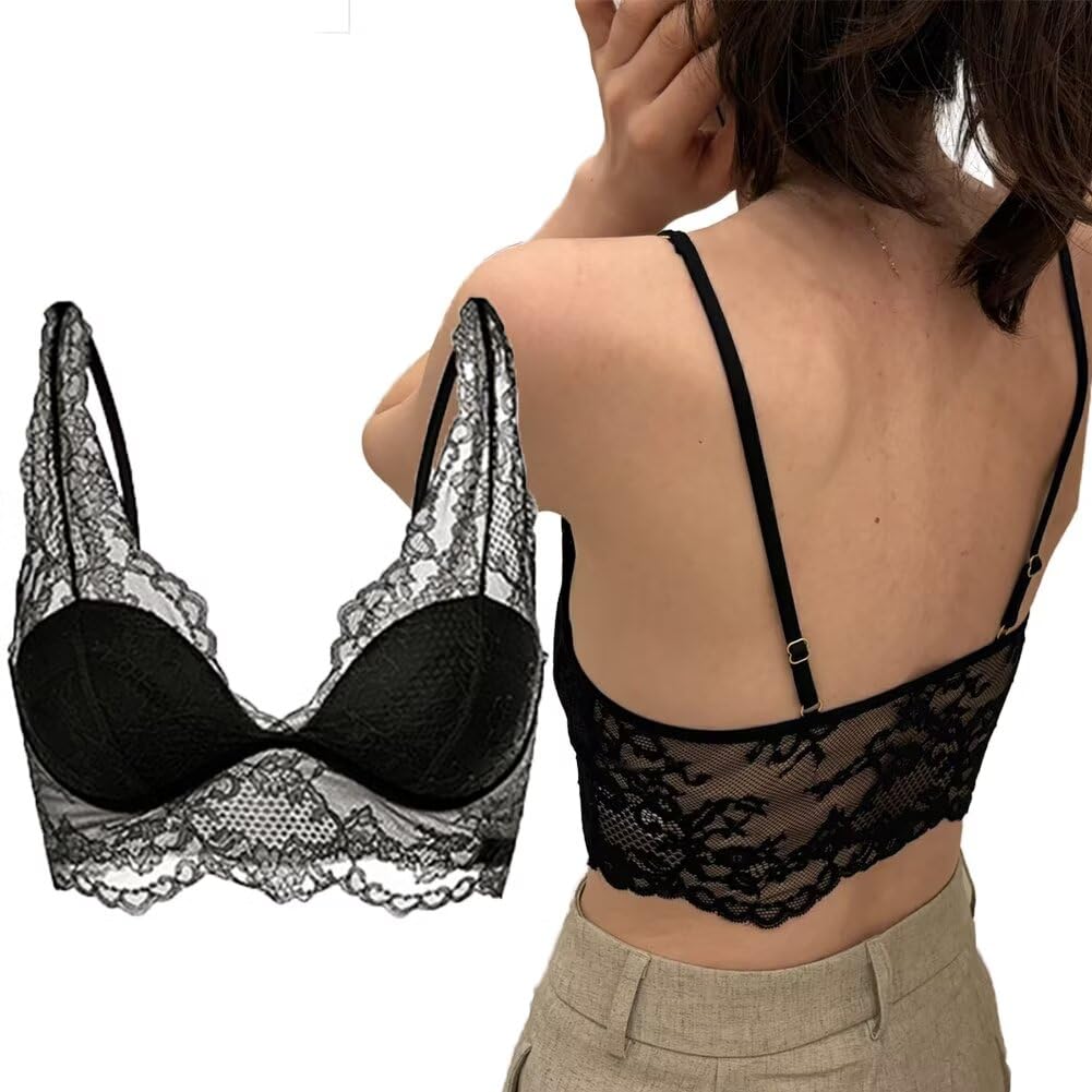 【送料無料】[Eukkis] 総レース ブラジャー重ね着インナー ストラップ調整可能 3/4カップ軽量パッド ノンワイヤー ブラトップ 色：ブラック、サイズ：L