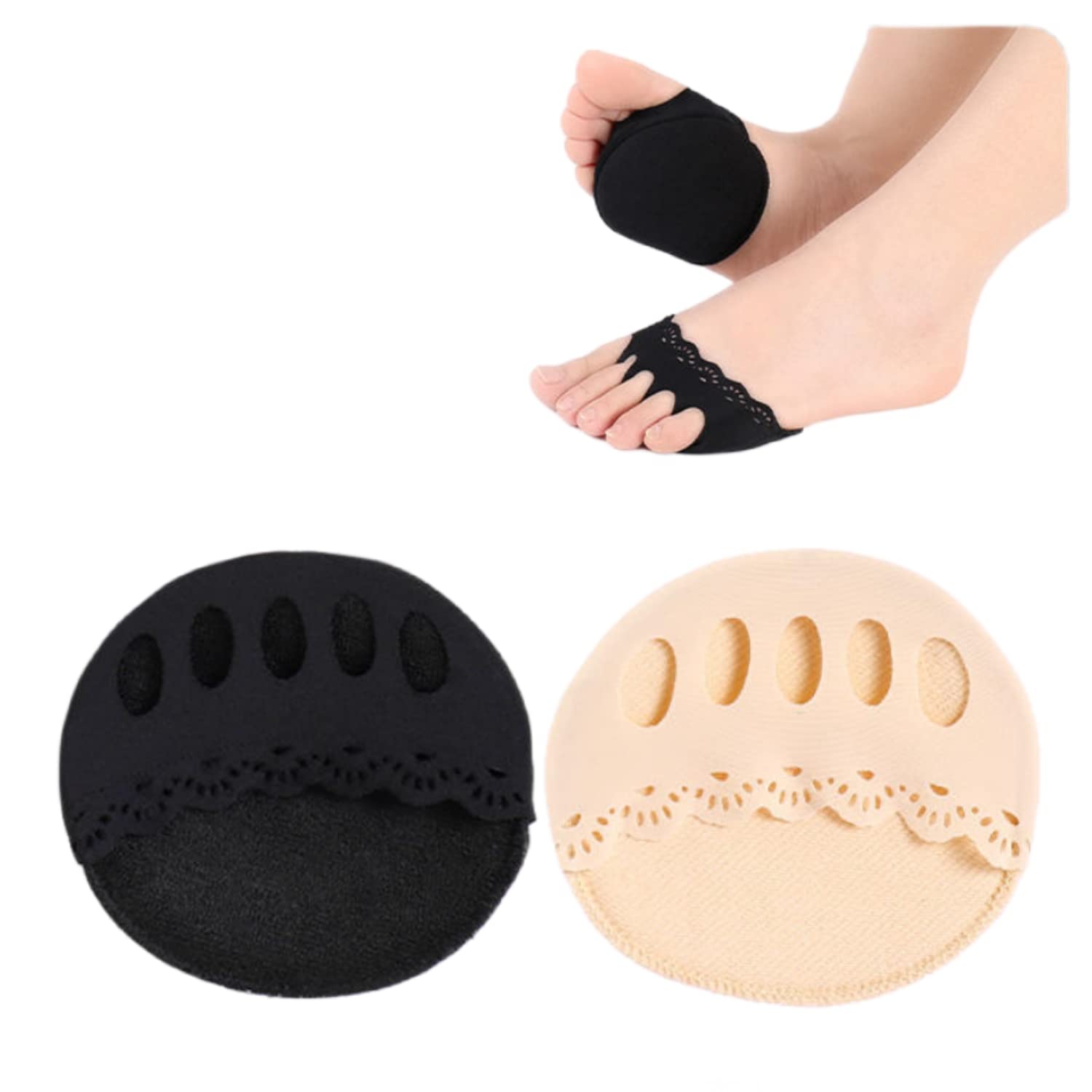 【送料無料】[Weuiean] レーシー つま先ソックス レディース 5本指ソックス フットカバー 指穴開き 五本指 足指ソックス ハーフソックス 靴下 汗取り ソックス つま先なし カバー 目立たない 通気 軽量 2足4枚セットBZHB-60 色：ブラック+肌色、サイズ：22.0-25.0 cm