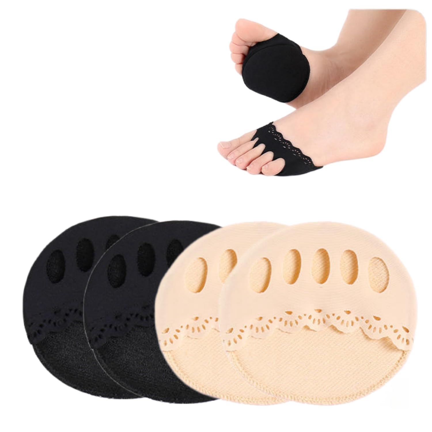 【送料無料】[Weuiean] レーシー つま先ソックス レディース 5本指ソックス フットカバー 指穴開き 五本指 足指ソックス ハーフソックス 靴下 汗取り ソックス つま先なし カバー 目立たない 通気 軽量 2足4枚セットBZHB-60 色：ブラック2+肌色2、サイズ：Free Size