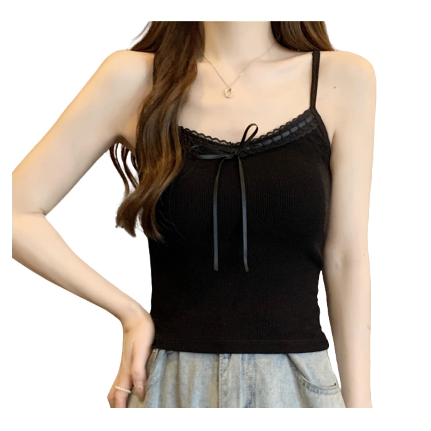 【送料無料】[Weuiean] レースリボンブラキャミソール レディース カップ付き コットン キャミソール ..