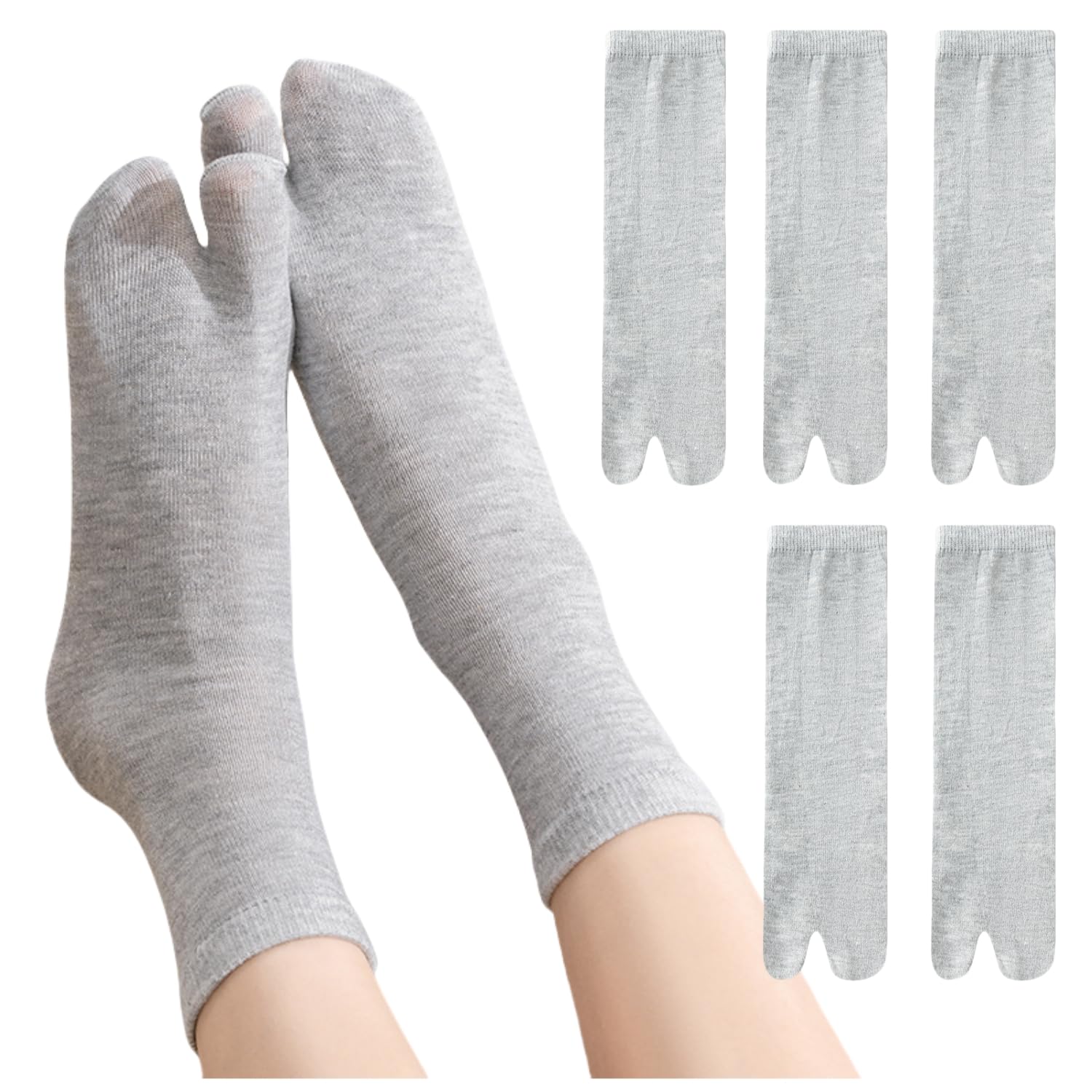 【送料無料】[Weuiean] 2本指ソックス レディース 靴下 5足セット クルーソックス 足袋 綿混 ショート ソックス 可愛い CEZD-73 色：グレー、サイズ：Free Size