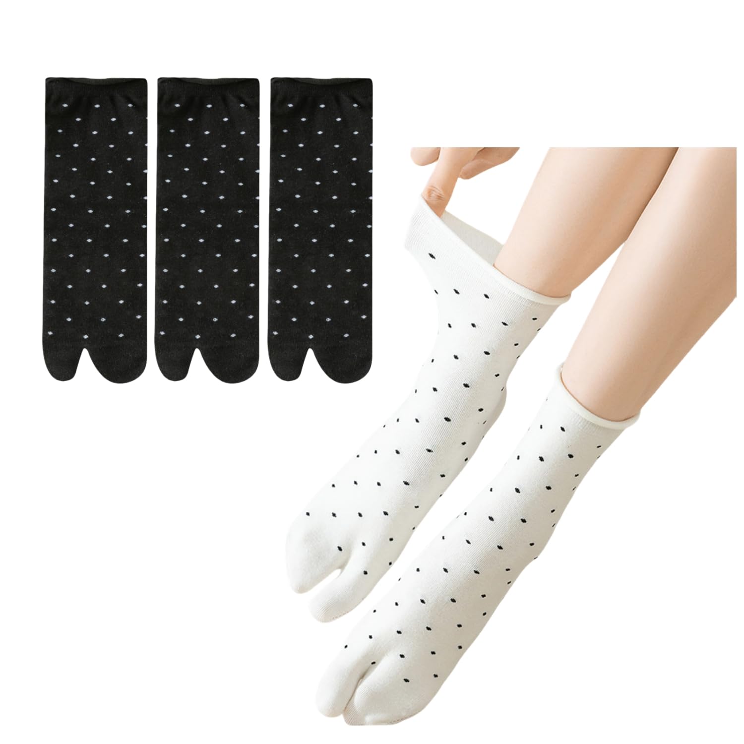 【送料無料】[Weuiean] 2本指ソックス レディース 靴下 3足セット 水玉模様 クルーソックス 足袋 綿混 ショート ソックス BOEZ-11 色：ブラック、サイズ：Free Size
