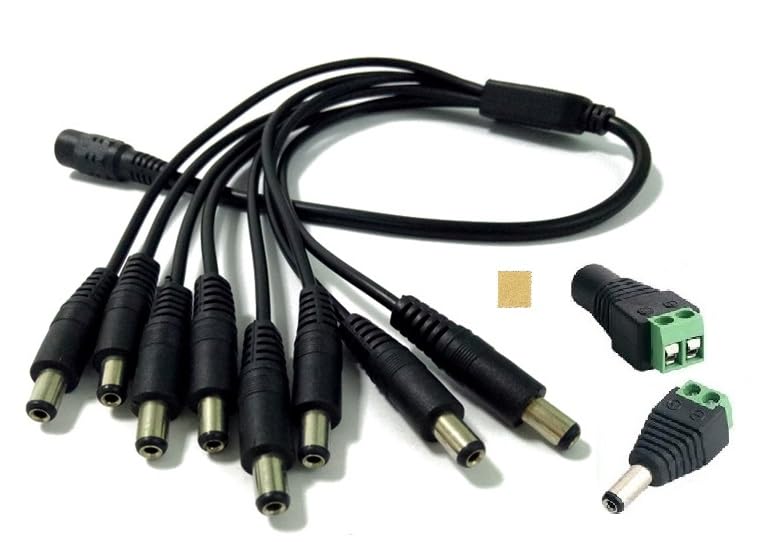 【送料無料】Sound Wave 【 DC電源ケーブル 分岐ケーブル 40cm （ DC オス メス アダプタ付き 各1個付 ） 】 外径5.5mm 内径2.1mm SMD 5050 5630 2835 3528 LEDテープライト用と防犯カメラ用電源延長ケーブル 二股 1メス 色：ブラック、サイズ：8分岐 +アダプタ2個