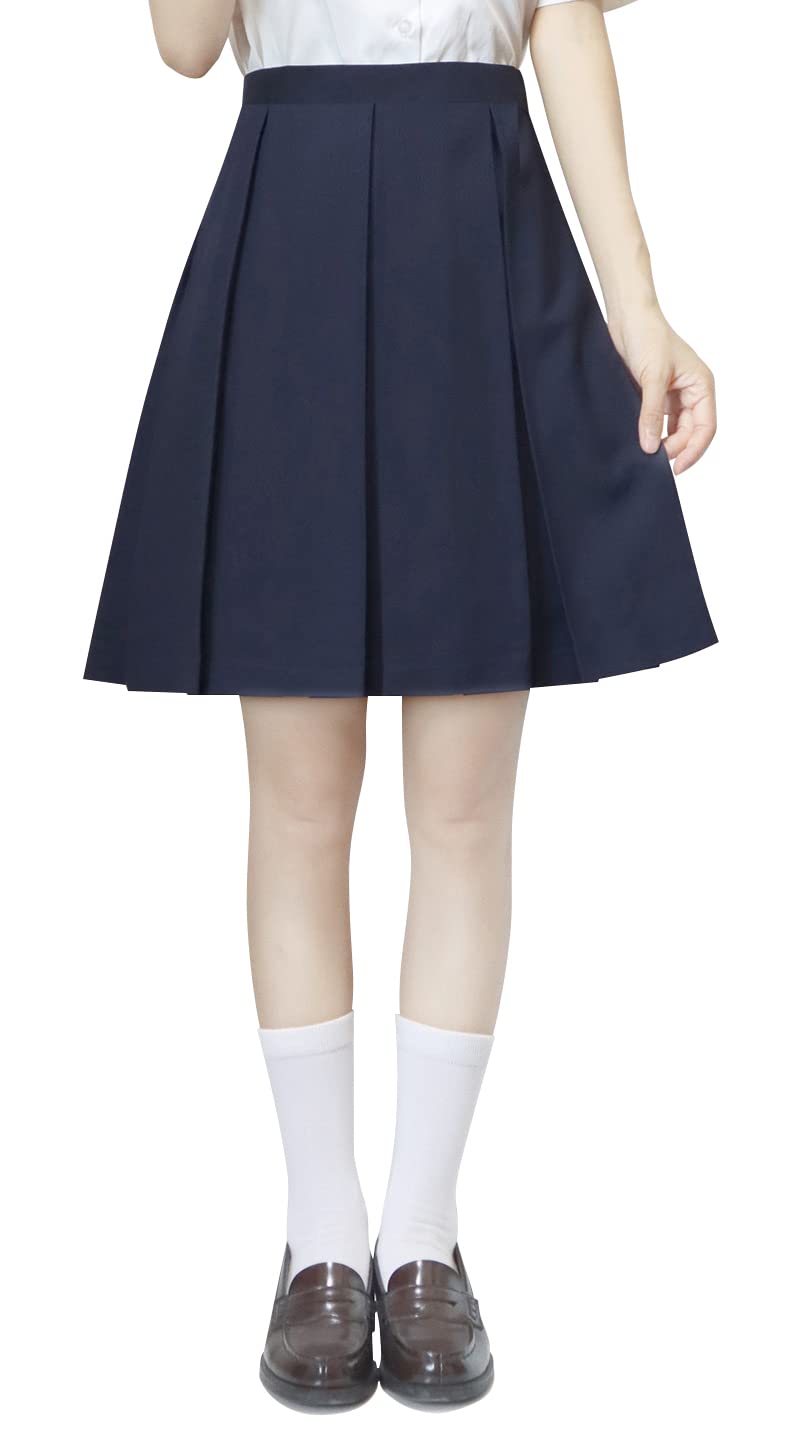 【送料無料】[Sharphon] 制服 スカート 39/42/45/48CM丈 黒 紺 灰色 4色 8本 無地 ライン ハイウエスト プリーツスカート 色：48CM-ネイビー、サイズ：M