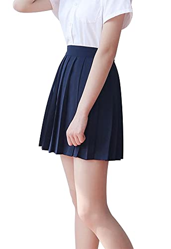 【送料無料】[Sharphon] 制服 スカート 42/45/48/60/80CM丈 黒 紺 灰色 3色 22本 無地 ライン ハイウエスト プリーツスカート 色：42CM-ネイビー、サイズ：XL