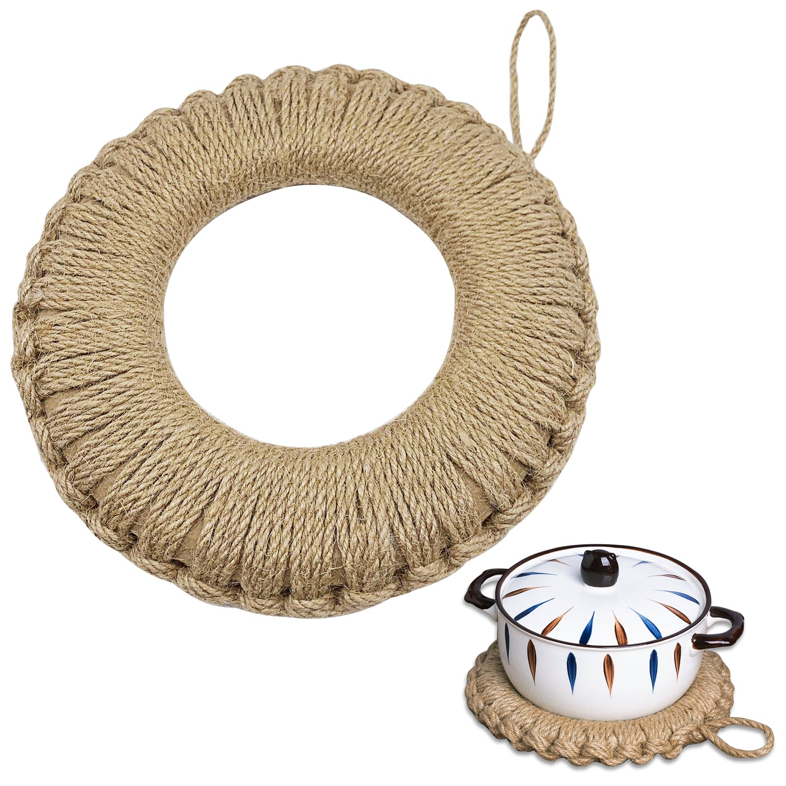 【送料無料】DreaModes 鍋敷き 釜敷き 亜麻草 鍋敷きリング 編み 天然素材 丸形 おしゃれ ナチュラル 和風 耐熱 滑り止め 鍋 土鍋 鉄瓶 鉄器 グリドルパン ケトル ポットマット 鍋つかみ キッチン 壁掛け インテリア ギフト プレゼント 色：亜麻草、サイズ：ワンサイズ