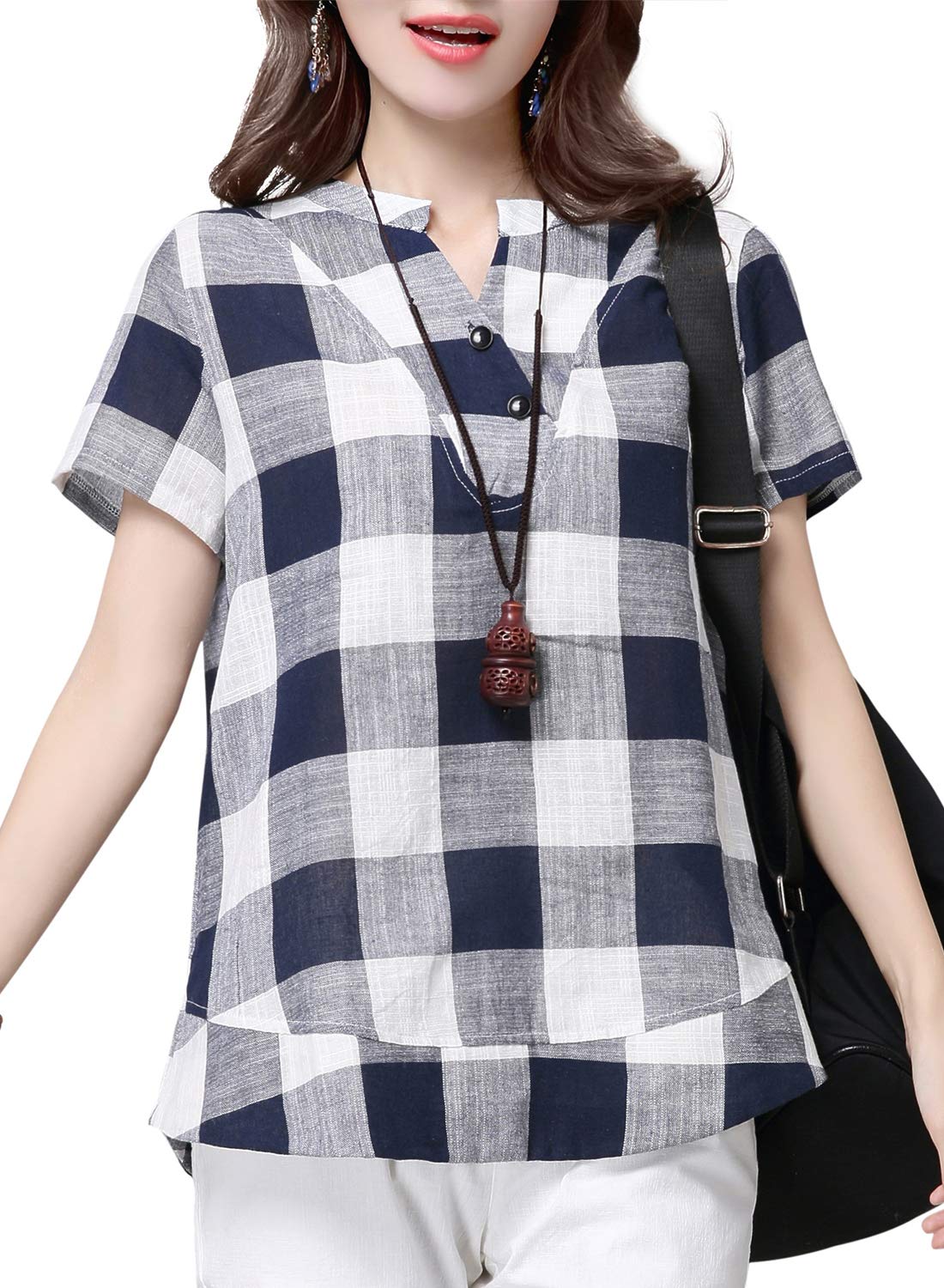 【送料無料】[Sharphon] レディース シャツブラウス 夏 半袖 カジュアル 格子柄 韓国風  ...