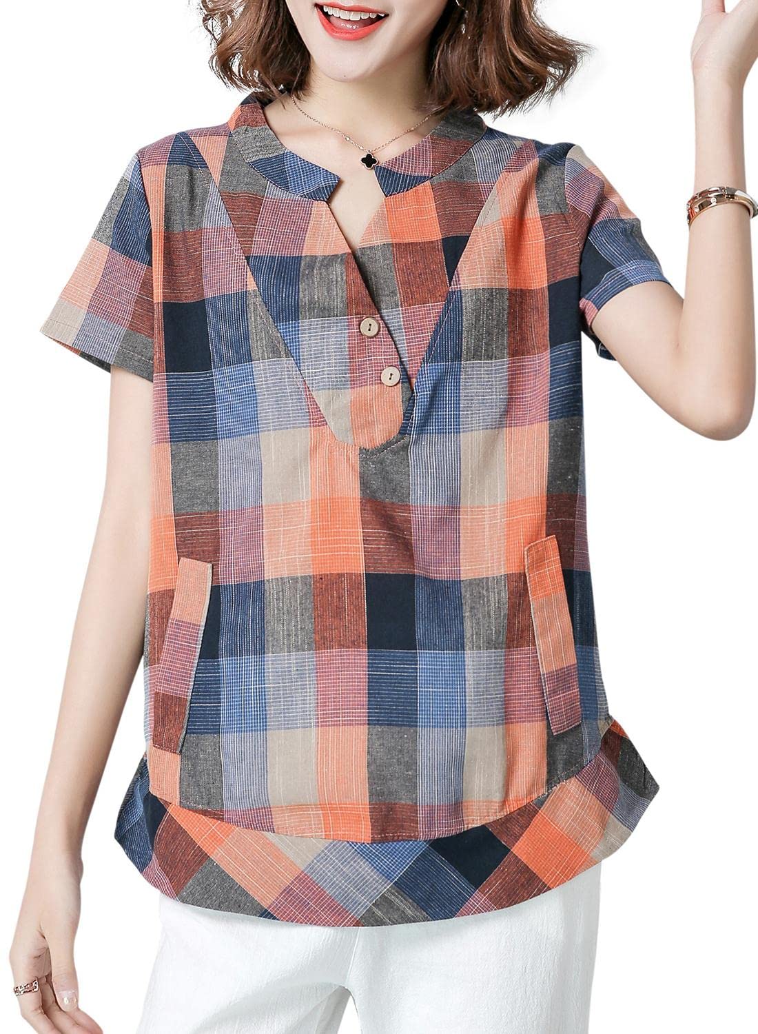 【送料無料】[Sharphon] レディース シャツブラウス 夏 半袖 カジュアル 格子柄 韓国風  ...