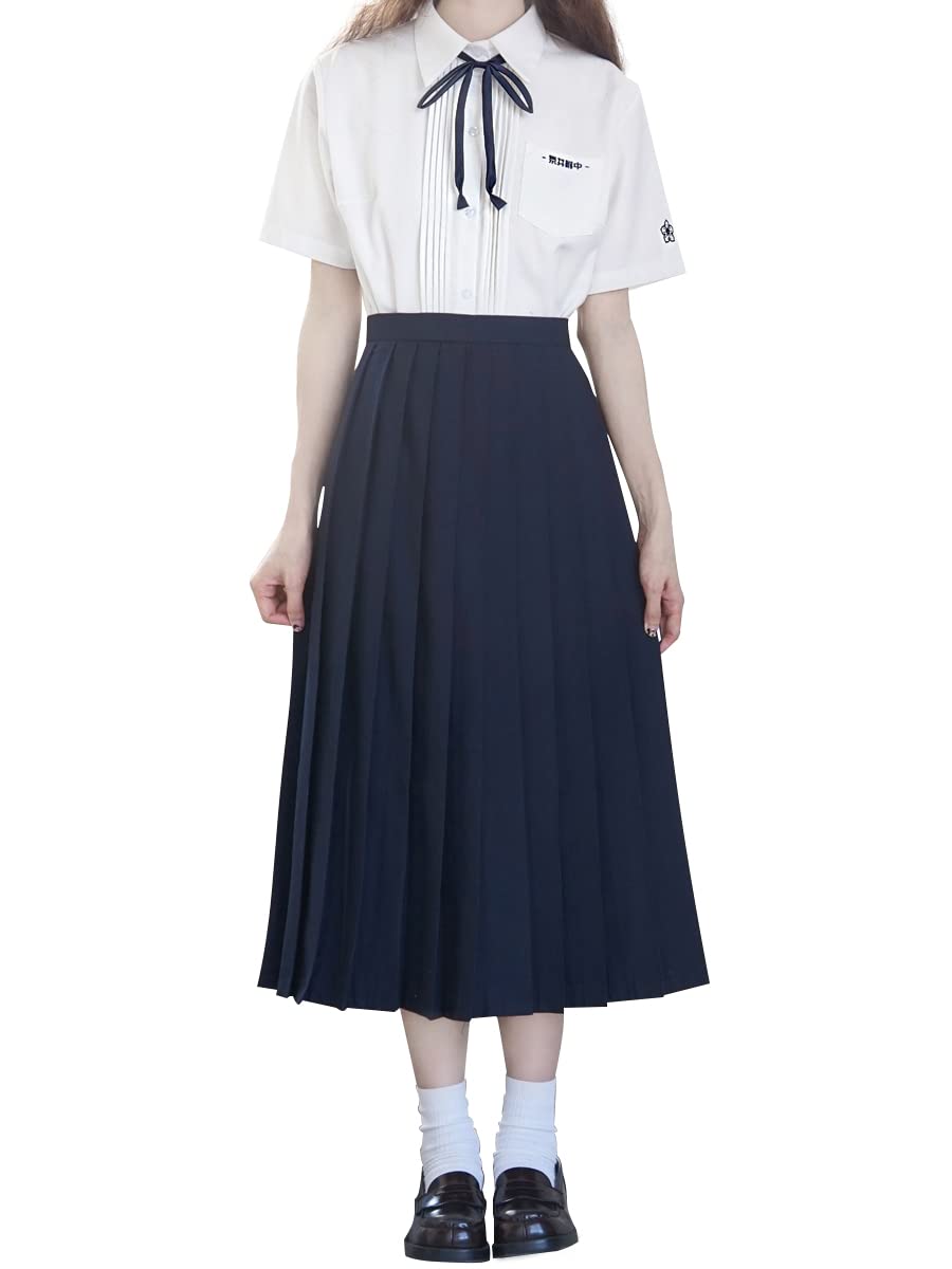 【送料無料】[Sharphon] 制服 スカート 42/45/48/60/80CM丈 黒 紺 灰色 3色 22本 無地 ライン ハイウエスト プリーツスカート 色：80CM-ネイビー、サイズ：M