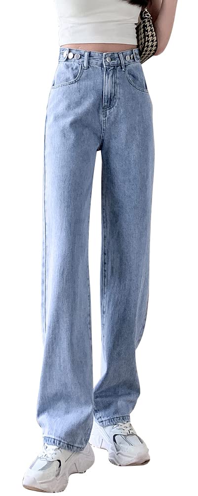 【送料無料】レディース ワイド デニム パンツ カジュアル 9分丈/ロング ハイウエスト ストレート ジーンズ パンツ ゆったり 美脚 パンツ 色：長くする-ライトブルー、サイズ：2XL