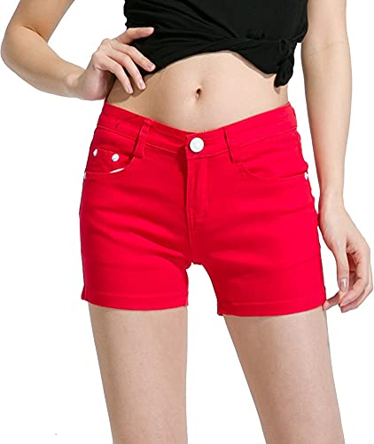 【送料無料】レディース 大きいサイズ デニム ショートパンツ ストレッチ 15色 夏 半ズボン セクシー 短パン 大きい デニムパンツ ジーンズ ホットパンツ ショーパン ハーフパンツ ジーパン 色：レッド、サイズ：L