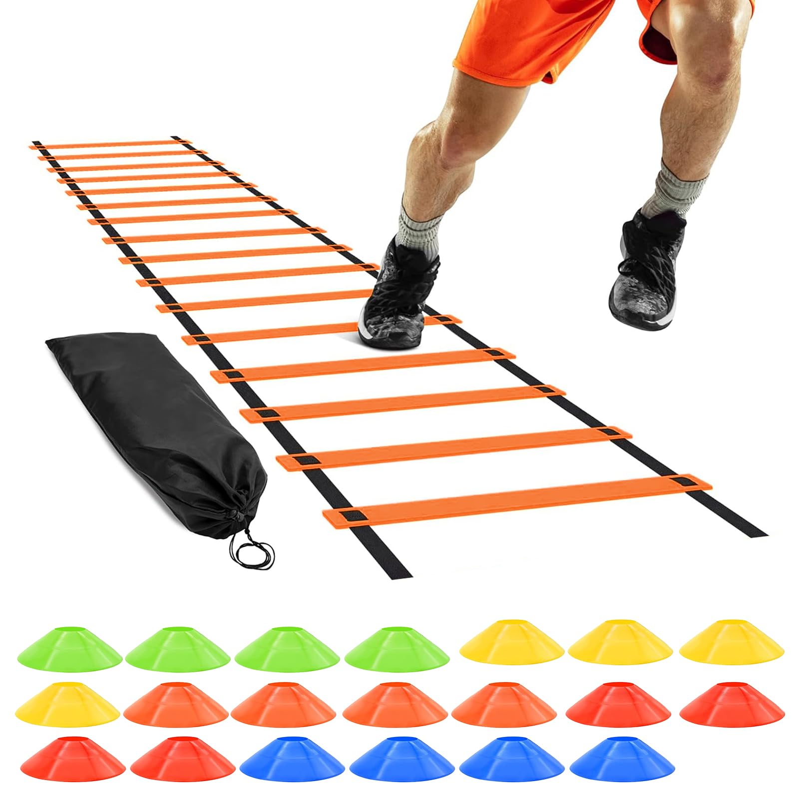 【送料無料】Jessfar 8M トレーニン グラダー マーカーコーン 20枚セット サッカー 陸上 野球 室内練習 ラダー マーカー 敏捷性練習 トレーニンググッズ 自主練 グッズ 耐久性高い バスケ 練習道具 収納袋付き 色：イェロー、サイズ：8M+20枚マーカー