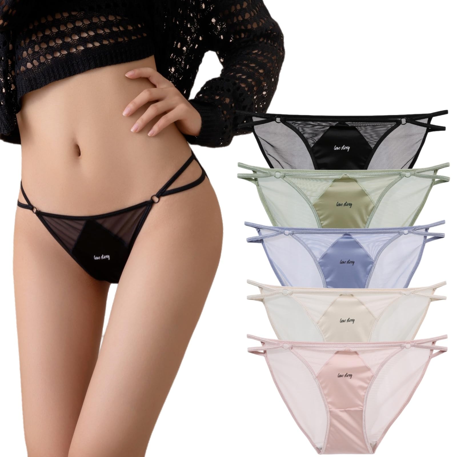 【送料無料】[Beirou] ショーツ レディース 紐パン【サテン・肌にやさしい素肌感じ・なめらか・セクシー】ローライズ ビキニショーツ パンティー 女性用下着 天然素材 高通気性と伸縮性【脚を長細く見せるハイレグパンツ】 色：I組:5枚【サテン生地】、サイズ：M