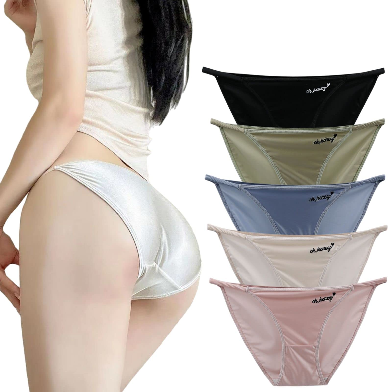 【送料無料】[Beirou] ショーツ レディース 紐パン【サテン・肌にやさしい素肌感じ・なめらか・セクシー】ローライズ ビキニショーツ パンティー 女性用下着 天然素材 高通気性と伸縮性【脚を長細く見せるハイレグパンツ】 色：D組5枚【サテン生地】、サイズ：XL