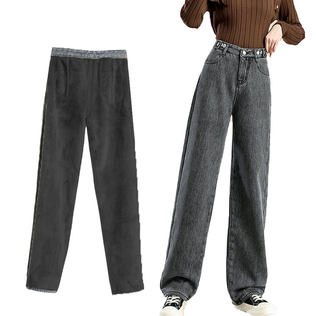 【送料無料】[Icyrain] 裏起毛デニムパンツ レディース ワイド パンツ 裏起毛 デニム ハイウエスト 裏地付き 秋冬用 低身長さん 高身長さん 暖パン 美脚 ワイドパンツ 保温 防寒 ゆったり 色：03黒/グレー、サイズ：M