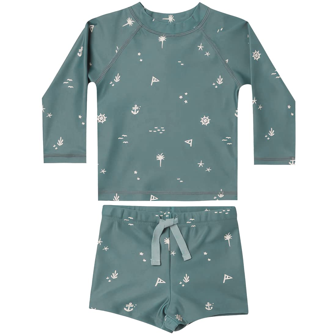 【送料無料】KALAVILA キッズ 水着 男の子 3点セット 長袖ラッシュガード スイムパンツ 帽子 子ども用水着 80-130 スイムウェア セパレート 上下セット 子供 小学生 幼稚園 保育園用 紫外線カット UV対策 日焼け止め 色：ティールブルー、サイズ：130