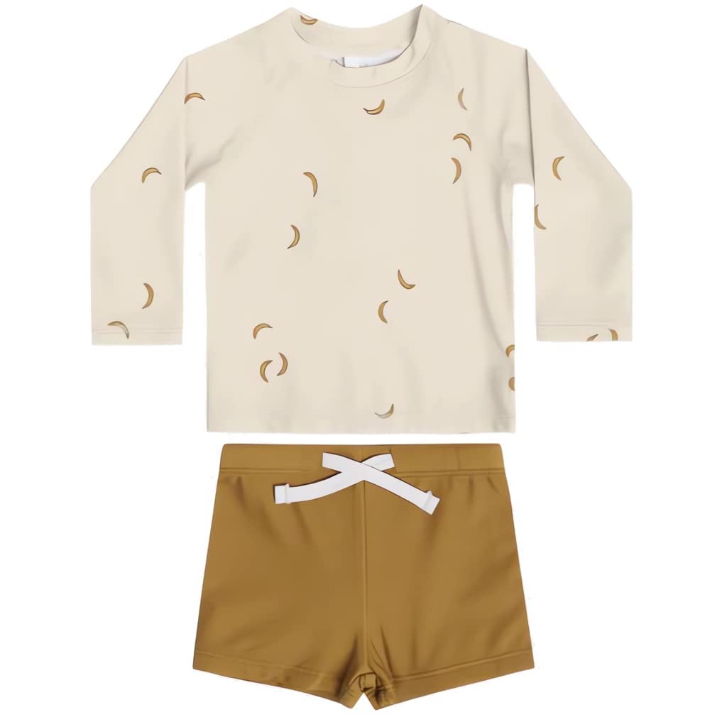 【送料無料】KALAVILA キッズ 水着 男の子 3点セット 長袖ラッシュガード スイムパンツ 帽子 子ども用水着 80-130 スイムウェア セパレート 上下セット 子供 小学生 幼稚園 保育園用 紫外線カット UV対策 日焼け止め 色：バナナ、サイズ：120