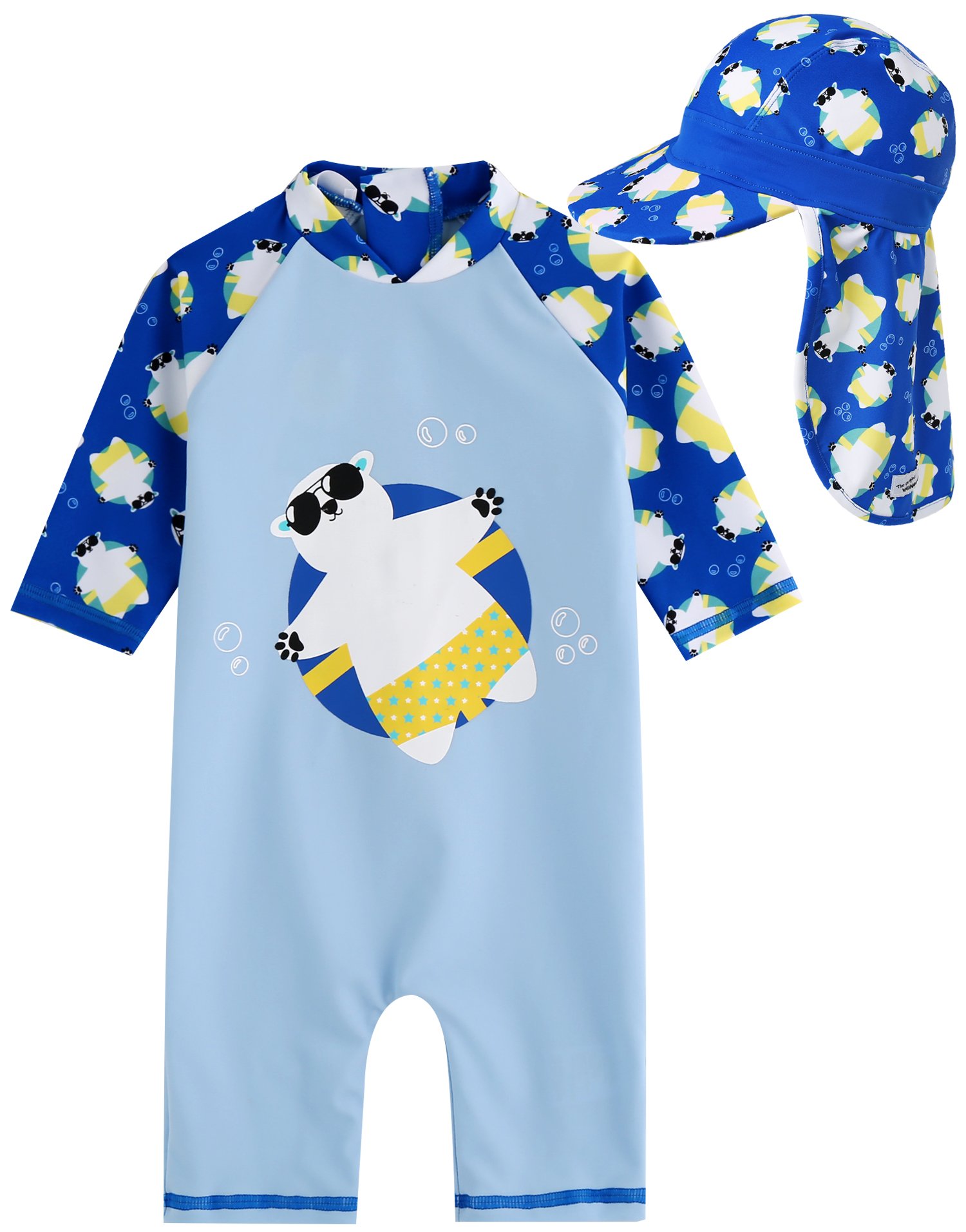 【送料無料】[Vaenait Baby] 0-24ヶ月 紫外線カット UVカット ラッシュガード ベビー 子供 幼児 アニマルキャラクター 花柄 長袖 ワンピース 水着 Gu Baby Swimsuit 色：Baby Tanning Bear Blue +cap、サイズ：L