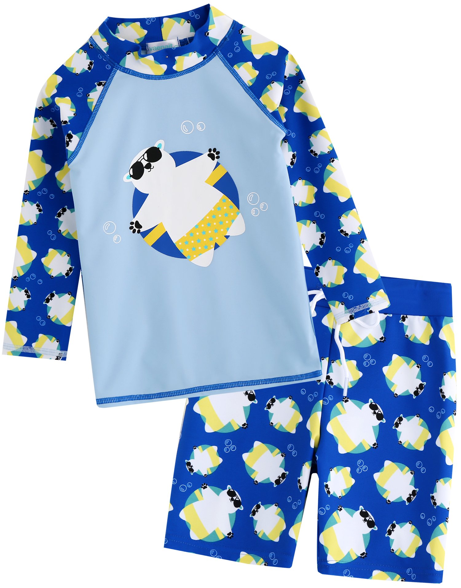【送料無料】[Vaenait Baby] 18ヶ月～7歳 水着 ツーピース 男の子 子供 キッズ 水着 ボイス上下セット スイムウェア ラッシュガード 長袖ラッシュガード 短パン 紫外線対策 女児 幼稚園 保育園 色：Tanning Bear Blue、サイズ：XL