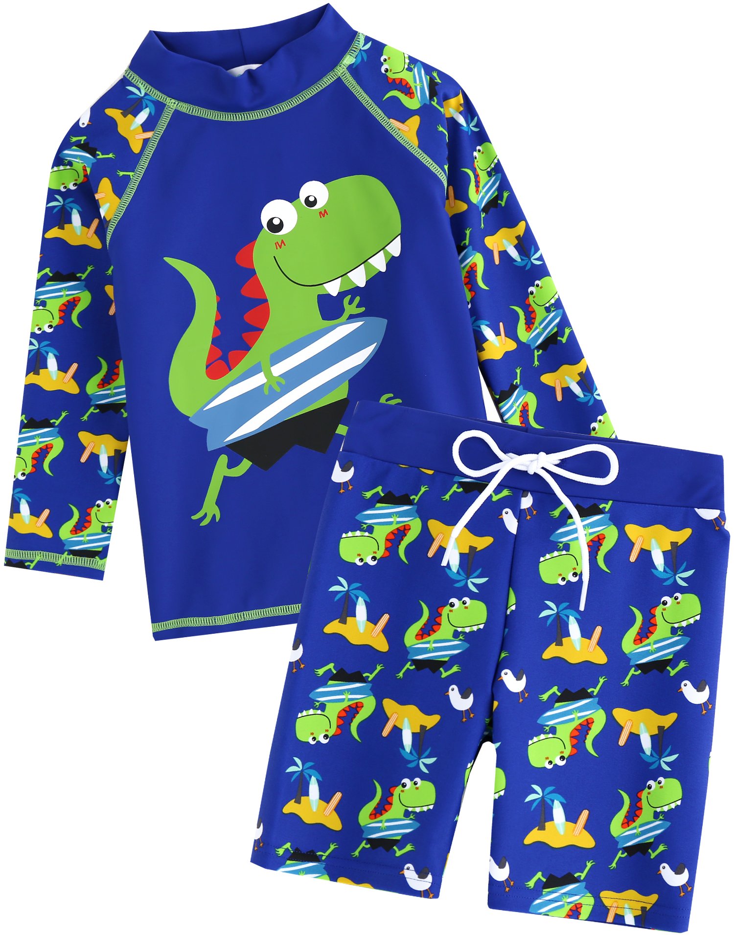 【送料無料】[Vaenait Baby] 18ヶ月～7歳 水着 ツーピース 男の子 子供 キッズ 水着 ボイス上下セット スイムウェア ラッシュガード 長袖ラッシュガード 短パン 紫外線対策 女児 幼稚園 保育園 色：Surfing Dino、サイズ：L