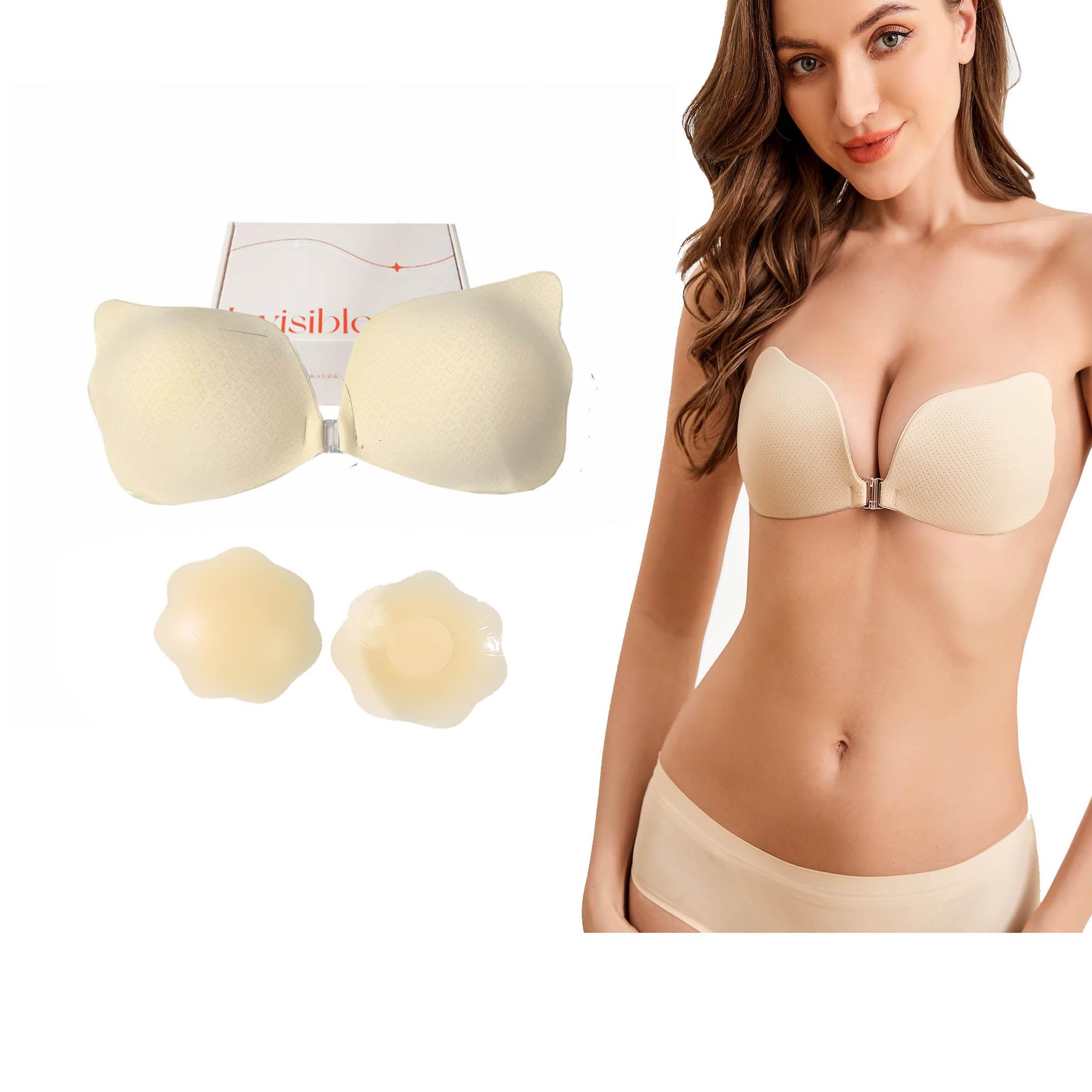 【送料無料】[Lakumai] 水着水着盛れる シリコンブラ水着ヌーブラ レディズー バスト水着パッドヌードブラ女性用 ブラジャー 紐なしストラップレスブラジャー 谷間メイク 軽量 肌に優しい 通気性 ホック付き 色：肌色（8穴布）+花2枚)、サイズ：E