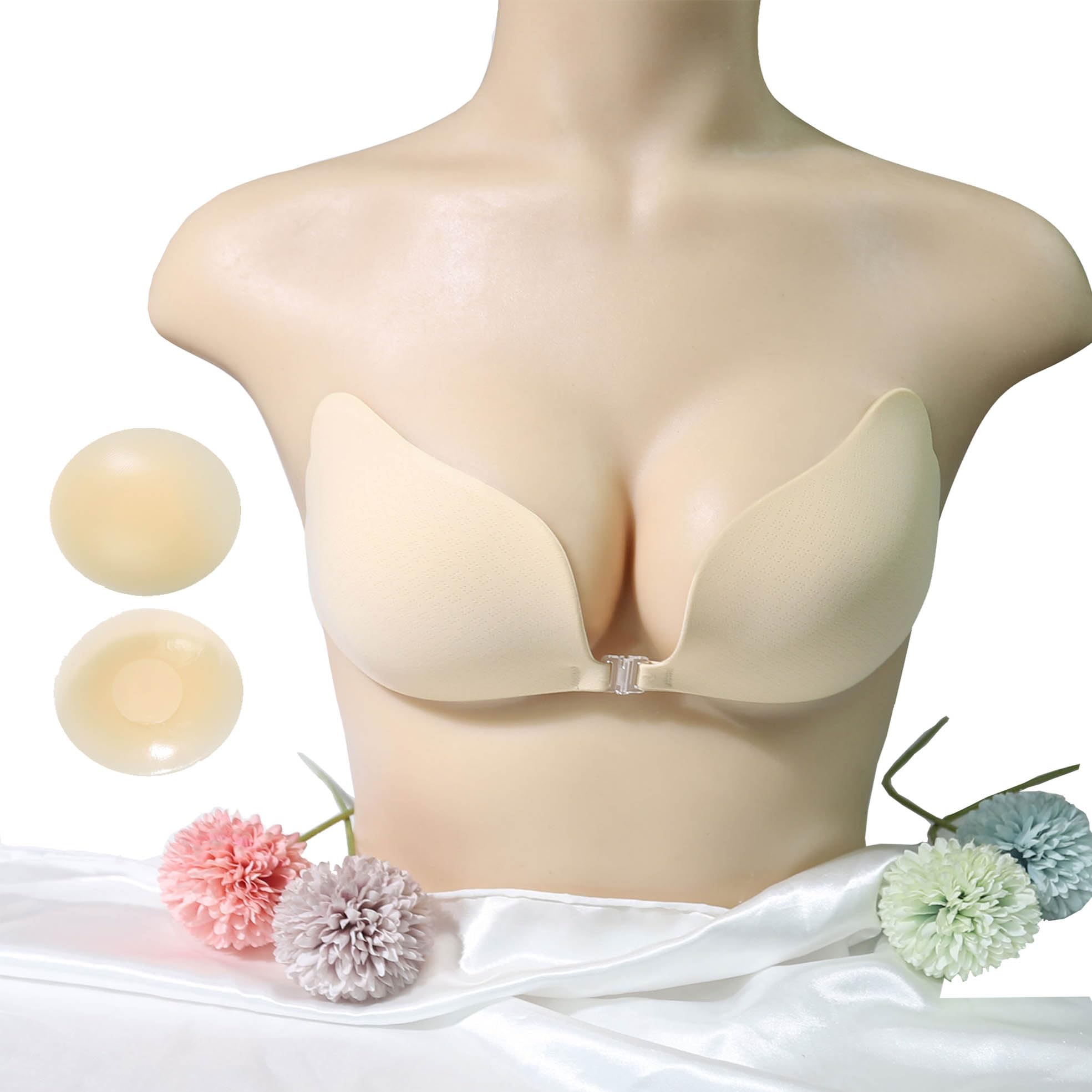 【送料無料】[Lakumai] 水着水着盛れる シリコンブラ水着ヌーブラ レディズー バスト水着パッドヌードブラ女性用 ブラジャー 紐なしストラップレスブラジャー 谷間メイク 軽量 肌に優しい 通気性 ホック付き 色：肌色（8穴布）+丸2枚)、サイズ：D