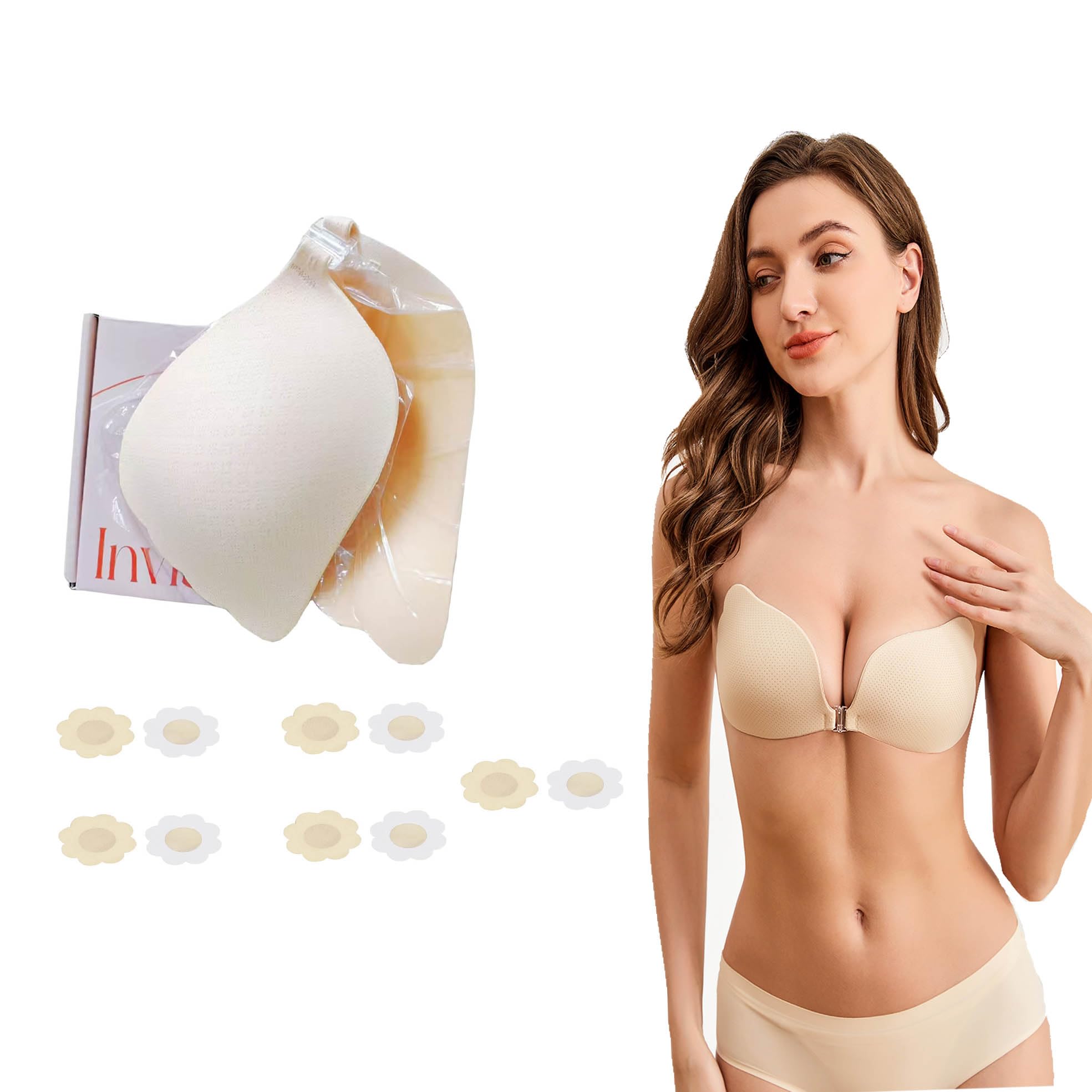 【送料無料】[Lakumai] 水着水着盛れる シリコンブラ水着ヌーブラ レディズー バスト水着パッドヌードブラ女性用 ブラジャー 紐なしストラップレスブラジャー 谷間メイク 軽量 肌に優しい 通気性 ホック付き 色：肌色（8穴布）+花5セット)、サイズ：A