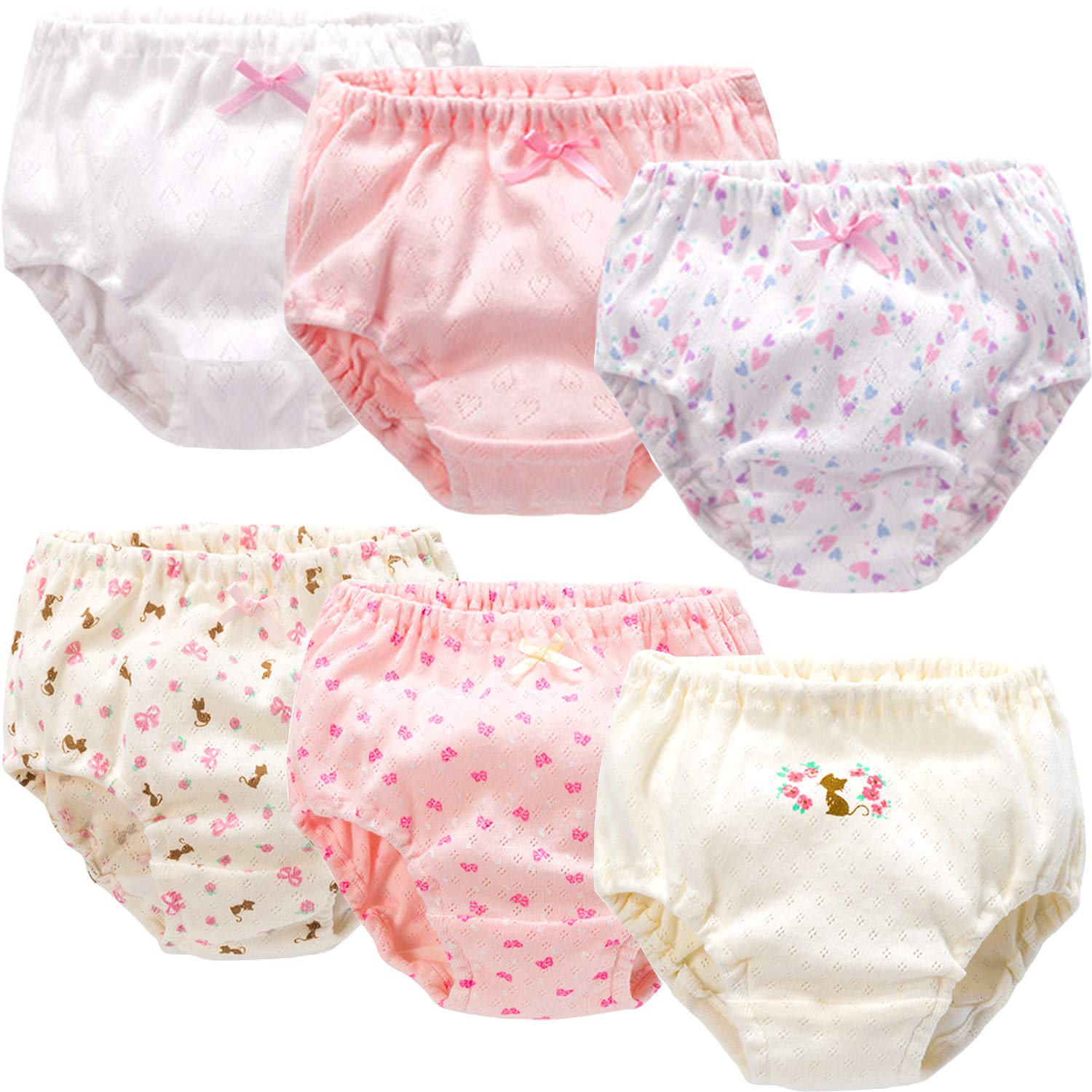 【送料無料】女児 ショーツ 6枚セット 綿100% 通気 下着 キッズ ベビー 女児キッズショーツ 無蛍光の100% 肌着 柔らかい 吸湿 快適 子供 幼稚園 水玉 風船 子犬 90 100 110 120 130 【OU.OU】 色：ねこ花、サイズ：140