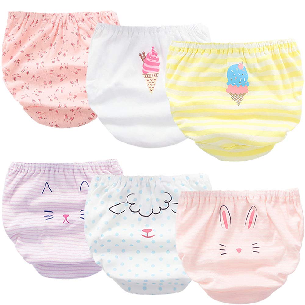 【送料無料】女児 ショーツ 6枚セット 綿100% 通気 下着 キッズ ベビー 女児キッズショーツ 無蛍光の100% 肌着 柔らかい 吸湿 快適 子供 幼稚園 水玉 風船 子犬 90 100 110 120 130 【OU.OU】 色：こひつじウサミンアイスクリ、サイズ：90