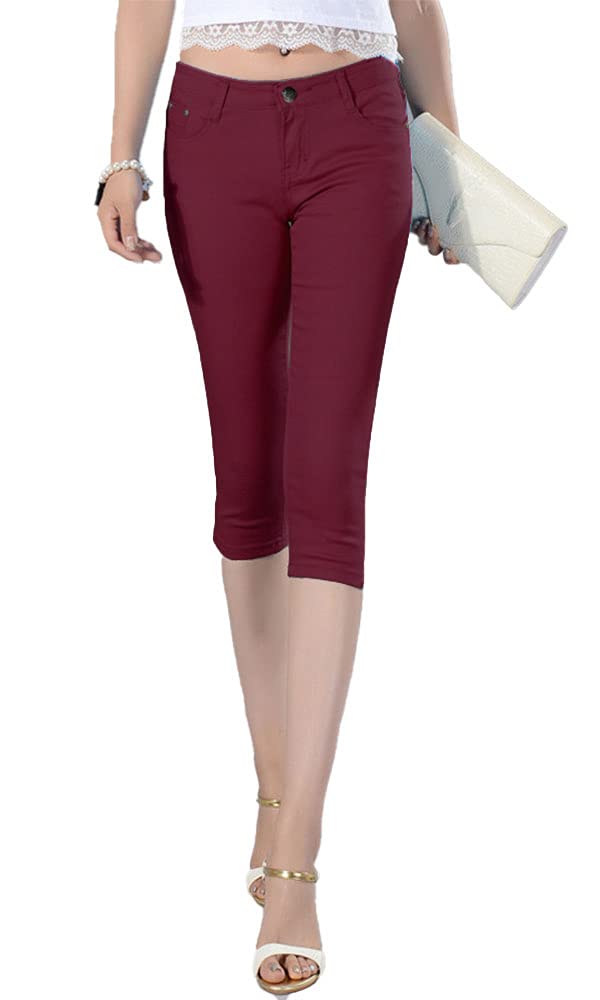 【送料無料】レディース 14色 7分丈 スキニー ストレッチ スリム 綿100% カプリパンツ 夏 ラインパンツ 美脚 デニム パンツ 色：ワインレッド、サイズ：XL