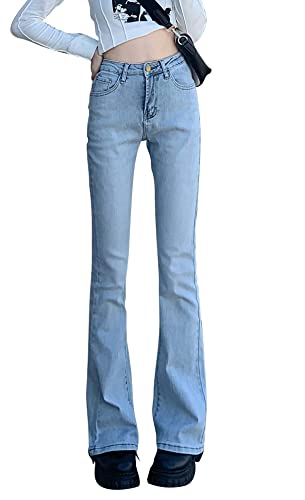 【送料無料】[Sharphon] レディース デニムパンツ ロング ブーツカット ジーンズ ベルボトム フレア ジーパン カジュアル ラッパズボン 色：ロング-ライトブルー、サイズ：XS