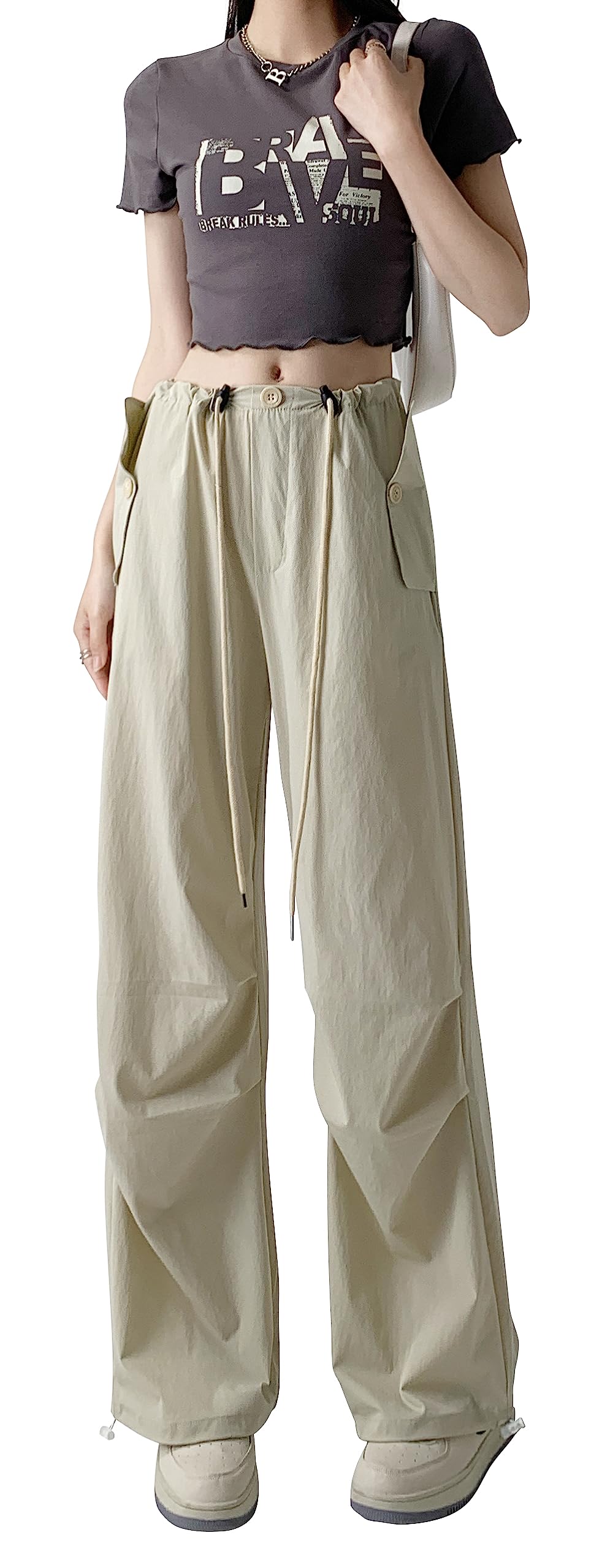 【送料無料】[Syvent] レディース 薄手 カーゴパンツ 速乾 春 夏 ワイドパンツ ウエストゴム 無地 スポ..