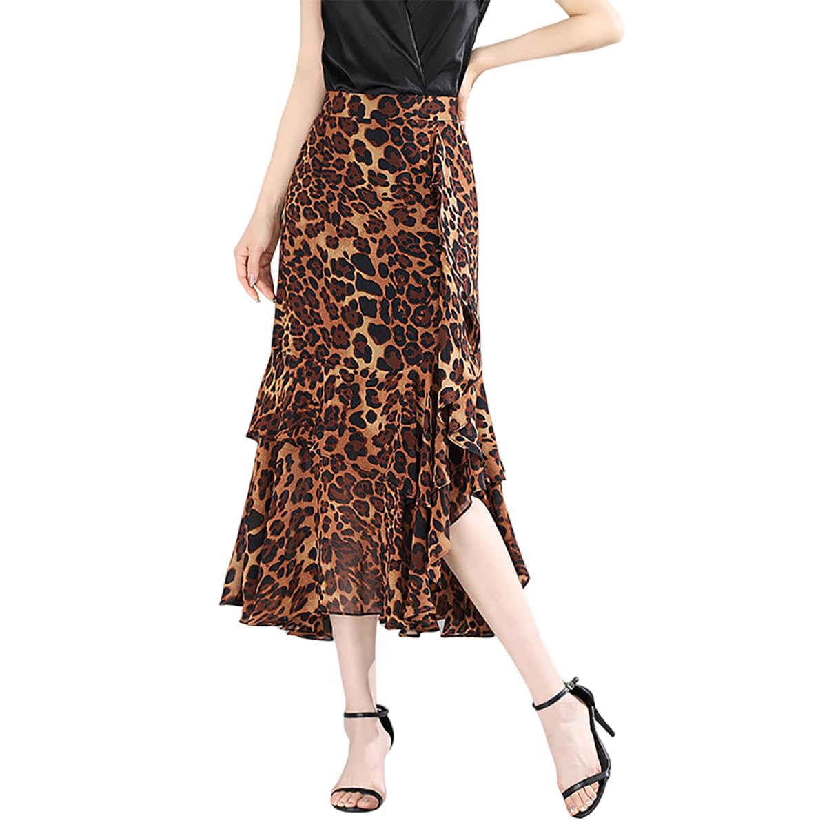 【送料無料】[syvent] マーメイドスカート ラッフル フリル イレギュラーヘム フリーズ スカート マート ボトムス ZSY030 色：1レオパード柄、サイズ：2XL