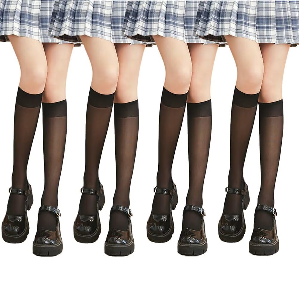 【送料無料】[Eukkis] ストッキングハイソックス 靴下2足組-ロングソックス ノンスリップ レディース 可愛い少女 伸縮性ズリ落ちにくい 色：透明感無地 ブラック*4、サイズ：Free Size