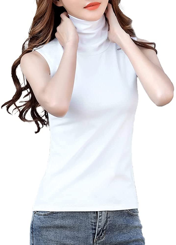 【送料無料】[KOEKOI] タンクトップ レディース ハイネック ノースリーブ カットソー トップス インナー キャミソール 大きいサイズ レイヤード 重ね着 uvカット 付け襟 タートルネック トップス 無地 伸縮性 カジュアル 薄手 防止 日よけ 色：ホワイト、サイズ：S-M