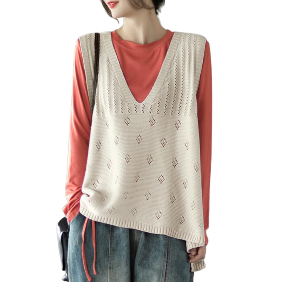 【送料無料】[KOEKOI] ニットベスト レディース 刺トップス カジュアル 着せ 無地 透かし レトロ 編み..