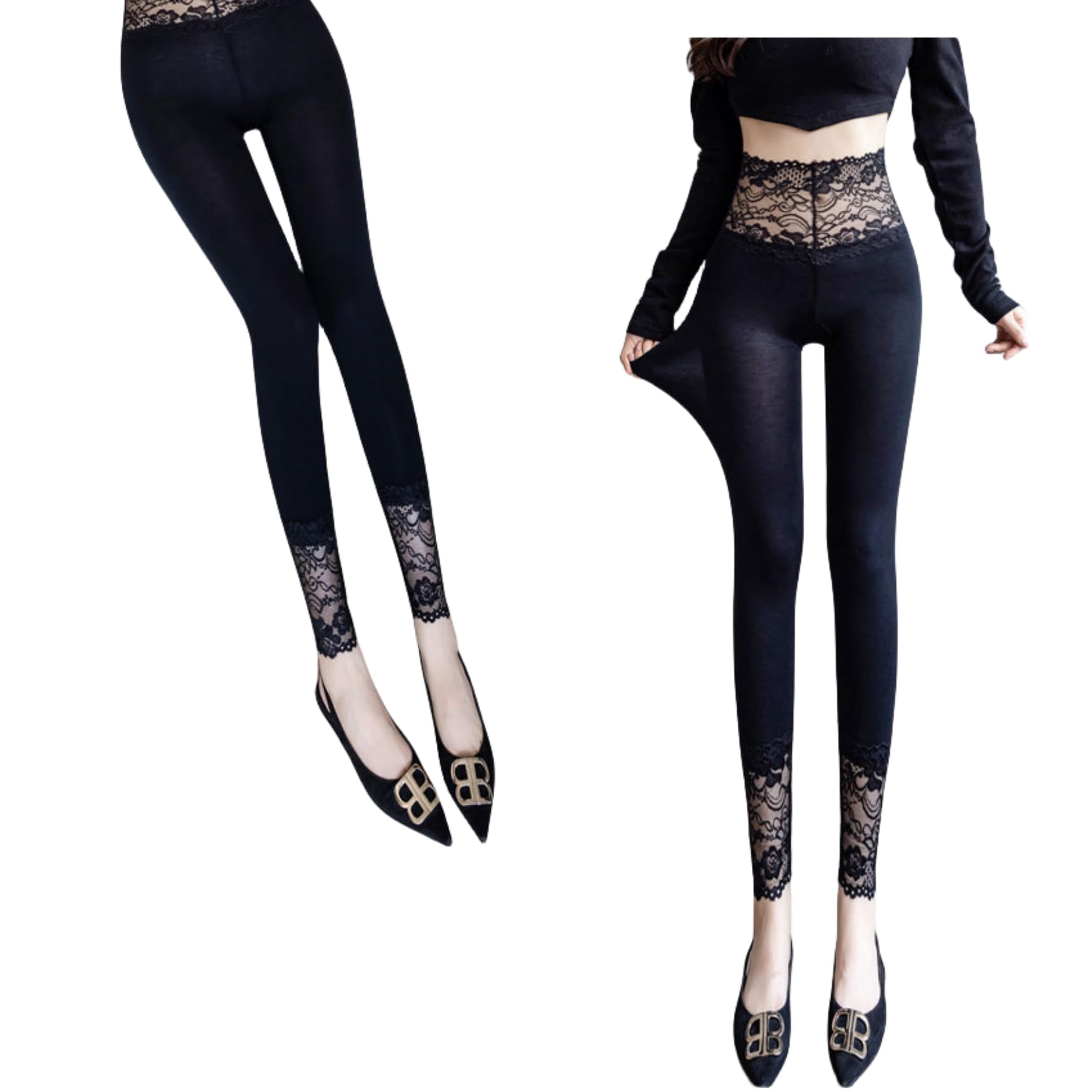 【送料無料】[KOEKOI] レギンス レディース 9分丈 パッツ 綿 スパッツ 無地 おしゃれ ボトムス インナー リラックス ストレッチ 伸縮 パンツ 夏 レースレギンス 花柄レギンス シースルー 透け感 花柄 レース 涼しい 薄手 色：ブラック、サイズ：M-L