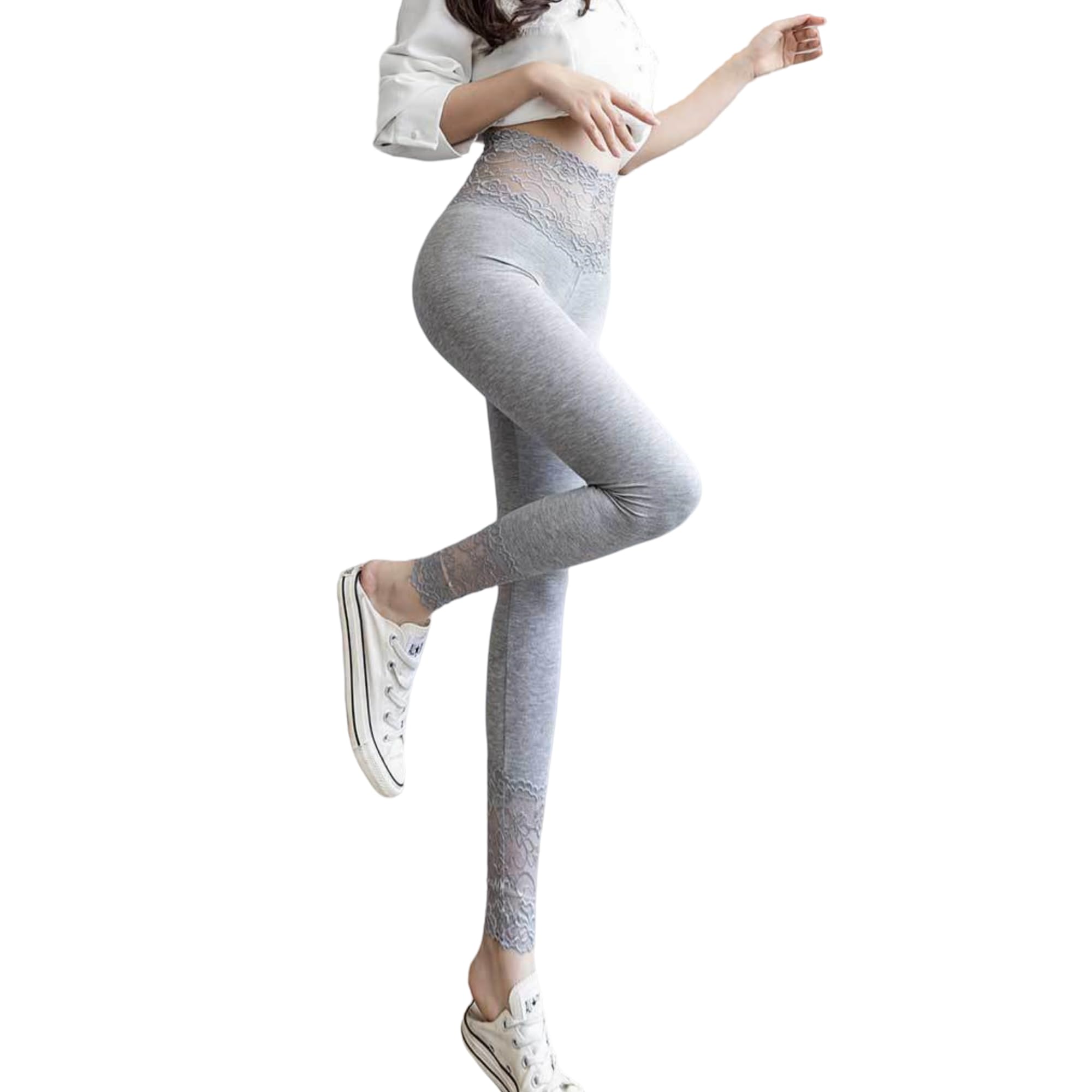 【送料無料】[KOEKOI] レギンス レディース 9分丈 パッツ 綿 スパッツ 無地 おしゃれ ボトムス インナー リラックス ストレッチ 伸縮 パンツ 夏 レースレギンス 花柄レギンス シースルー 透け感 花柄 レース 涼しい 薄手 色：グレー、サイズ：M-L