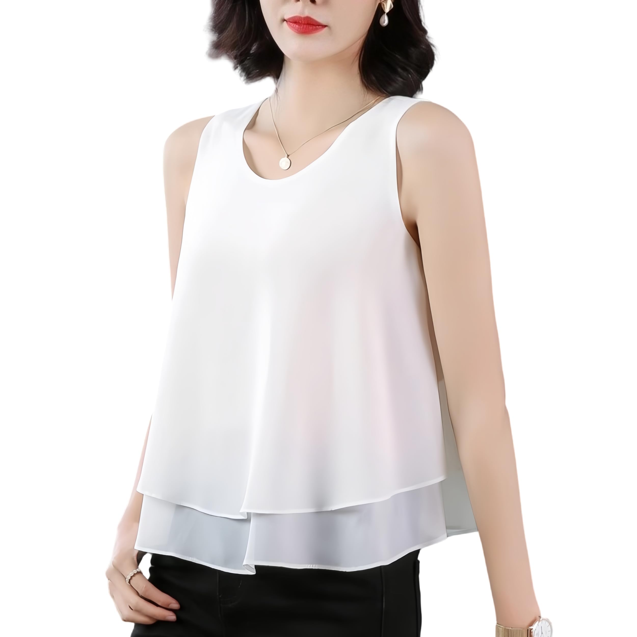 【送料無料】[KOEKOI] タンクトップ レディース シフォン ノースリーブ カットソー トップス インナー キャミソール シャツ ブラウス 重ね着 uvカット 無地 オフィス 薄手 体型カバー 色：ホワイト、サイズ：XL-2XL